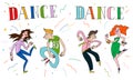 Two dancing couples a girl and a guy. Color illustration, can be used in the design of youth products, poster, t-shirt print, invi Royalty Free Stock Photo