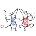 Two dancing cute mice or rats in sweaters who have fun celebrating Chinese New Year 2020. Vector hand draw illustration Royalty Free Stock Photo
