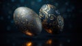 Two ornate dark blue eggs with gold floral patterns floating against a blurred dark background Royalty Free Stock Photo
