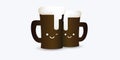 Two Dark Brown Beer Mugs Full of Beer and Froth with Cute Smiling Face Symbol - Design Template on Light Grey Background - Vector Royalty Free Stock Photo