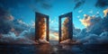 Two dark gothic doors, one door is open and the other closed with clouds in it, sky background, concept of heaven or hell Royalty Free Stock Photo
