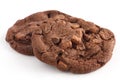 Two dark large chocolate chip cookies