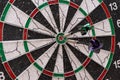 Two darts in the middle of a dart board, close-up Royalty Free Stock Photo