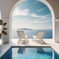 Two deck chairs on terrace with pool with stunning sea view. Traditional mediterranean white architecture with arch. Summer Royalty Free Stock Photo