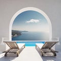 Two deck chairs on terrace with pool with stunning sea view. Traditional mediterranean white architecture with arch. Summer Royalty Free Stock Photo