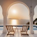 Two deck chairs on terrace with pool with stunning sea view. Traditional mediterranean white architecture with arch. Summer Royalty Free Stock Photo