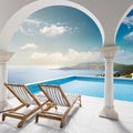 Two deck chairs on terrace with pool with stunning sea view. Traditional mediterranean white architecture with arch. Summer Royalty Free Stock Photo