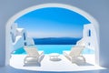 Two deck chairs on terrace with pool with stunning sea view. Traditional mediterranean white architecture with arch. Summer Royalty Free Stock Photo