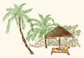 Two deck chairs under the palms with hammock