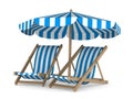 Two deckchair and parasol on white background