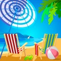 Two deckchairs on a tropical beach. Slippers and ball. Poster in the Art Deco Royalty Free Stock Photo