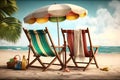 Two deckchairs and umbrella on the sandy beach Royalty Free Stock Photo
