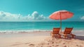 Two deckchairs under a pink umbrella at the beach. Royalty Free Stock Photo