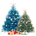 Two decorated blue and green Christmas tree with a star and gifts. Isolated white backgraund. Boxes with bows. Place for Royalty Free Stock Photo