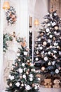 Two decorated Christmas tree, wreath and classical fireplace.