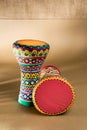 Two decorated colorful pottery goblet drums chalice drum, tarabuka, darbuka Royalty Free Stock Photo