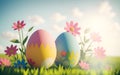 Two decorated eggs lies in grass with flowers. Background with sky and sunlight. Traditional religious holiday of Easter Royalty Free Stock Photo