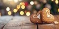 Two Decorated Gingerbread hearts on empty wooden table