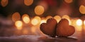 Two Decorated Gingerbread hearts on empty wooden table