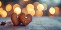 Two Decorated Gingerbread hearts on empty wooden table