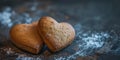 Two Decorated Gingerbread hearts on empty wooden table