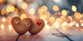 Two Decorated Gingerbread hearts on empty wooden table