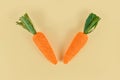 Two decoration Easter carrots made from colored jute rope