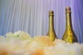 Two decorative gold bottles of luxury champagne with copyspace for your New Year, Christmas or wedding greeting or Royalty Free Stock Photo