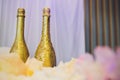 Two decorative gold bottles of luxury champagne with copyspace for your New Year, Christmas or wedding greeting or Royalty Free Stock Photo