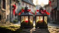 Romantic Christmas Lanterns Glowing on Mossy Stone Wall in Charming Village Royalty Free Stock Photo