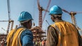 Two Dedicated Workers Overseeing Progress on Busy Construction Site Royalty Free Stock Photo