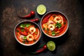 two deep bowls with thai tom yam soup with bright tomato sauce and coconut