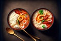 two deep bowls with thai tom yam soup with bright tomato sauce and coconut