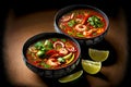 two deep bowls with thai tom yam soup with bright tomato sauce and coconut