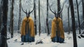 Surreal Fashion Photography: Deer In Snowy Forest Wearing Yellow Cloaks