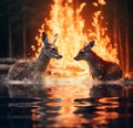 two deer stand in the water against the backdrop of fire