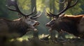 Two deers fighting in forest