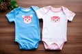 Two delicate baby onesuits are displayed on a wooden table, showcasing their cuteness and suitability for little ones, Gender