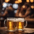 Two delicious beer mugs pair on a wooden table in a busy bar Royalty Free Stock Photo