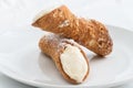 Two delicious cannoli on a white plate, typical Sicilian pastry