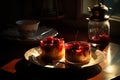 Two delicious desserts cherry pudding, placed on a plate on a table Royalty Free Stock Photo