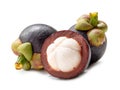 Two delicious fresh mangosteens with half isolated on white background with clipping path Royalty Free Stock Photo