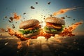 Two delicious hamburgers collide, creating a spectacular mid-air explosion of ketchup Royalty Free Stock Photo