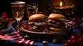 Two delicious hamburgers served on a plate with a romantic candlelight ambiance Royalty Free Stock Photo