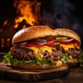 Two delicious hamburgers on a wooden cutting board, AI-generated. Royalty Free Stock Photo