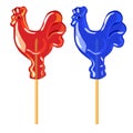 Two delicious lollipops, red and blue rooster