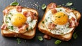 Two Delicious Slices of Toasted Bread with Fried Egg and Crispy Bacon on a Black Background Royalty Free Stock Photo