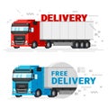 Two delivery trucks flat design vector illustration. Fast free delivery service concept banners for web graphic. Truck