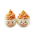 Two deviled eggs decorated as jack-o\'-lanterns with orange frosting Royalty Free Stock Photo