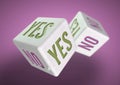 Two dice rolling. Yes no on faces of dice. Concept for making a decision. Royalty Free Stock Photo